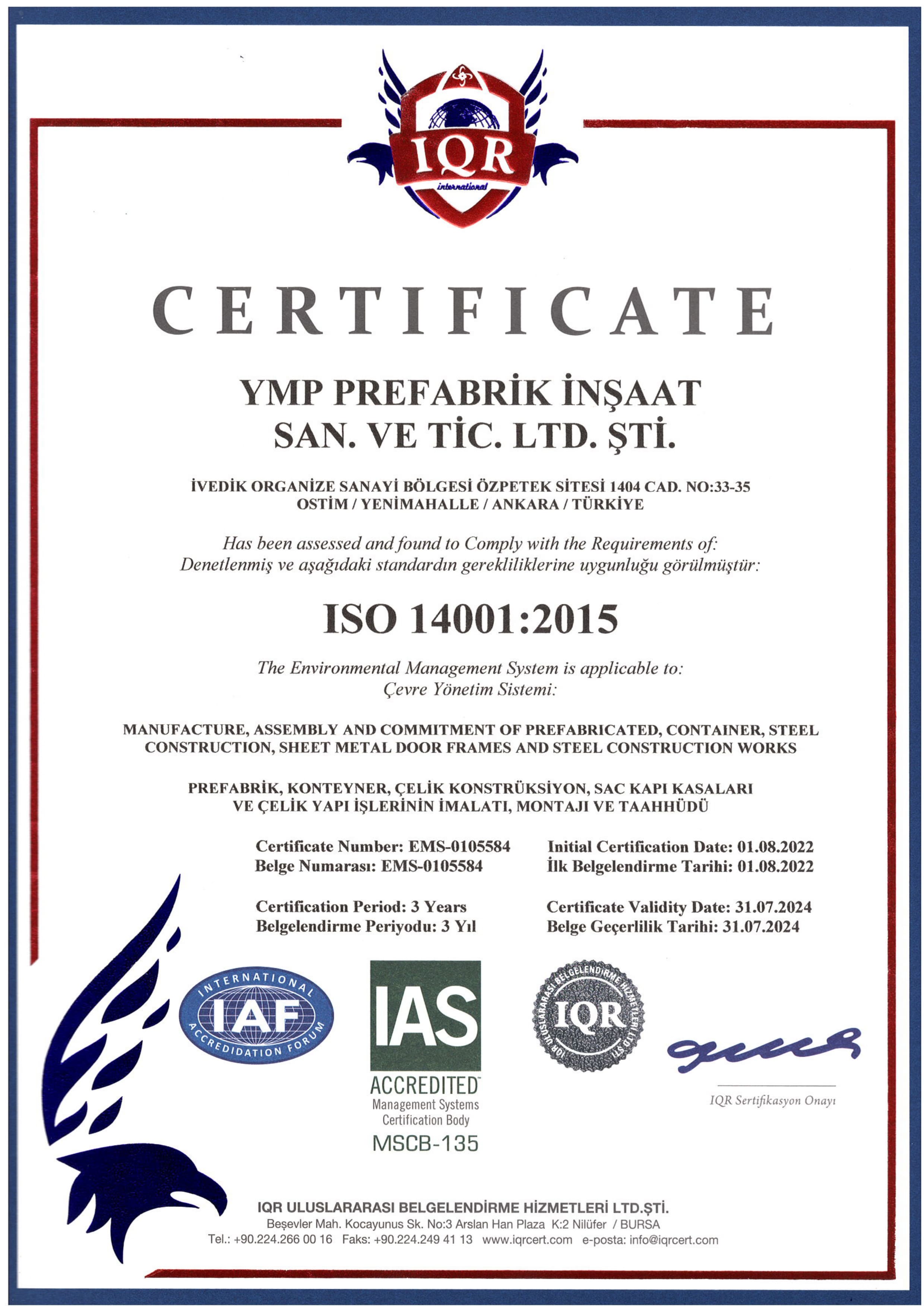 YMP PREFABRİK-SERTİFİKA